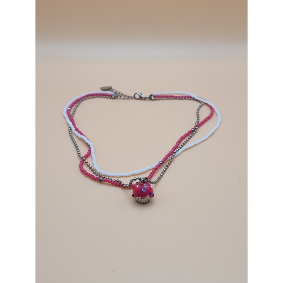 Pink and White Beaded Necklace with Heart Charm - Picture 3 of 6